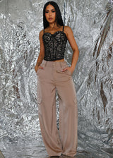 Super High Waist Satin Wide Leg Cargo Pants Taupe