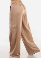 Super High Waist Satin Wide Leg Cargo Pants Taupe