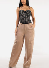Super High Waist Satin Wide Leg Cargo Pants Taupe