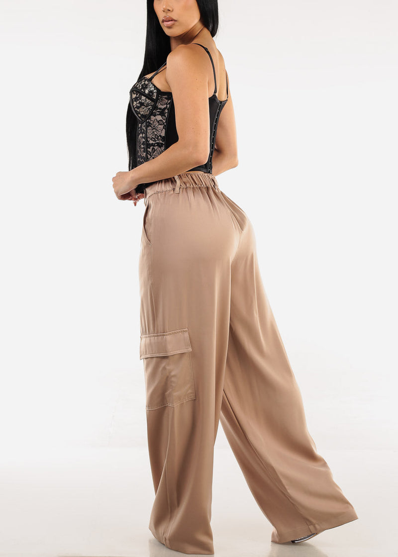 Super High Waist Satin Wide Leg Cargo Pants Taupe