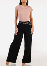 Super High Waist Wide Leg Stretch Dress Black Pants w Belt