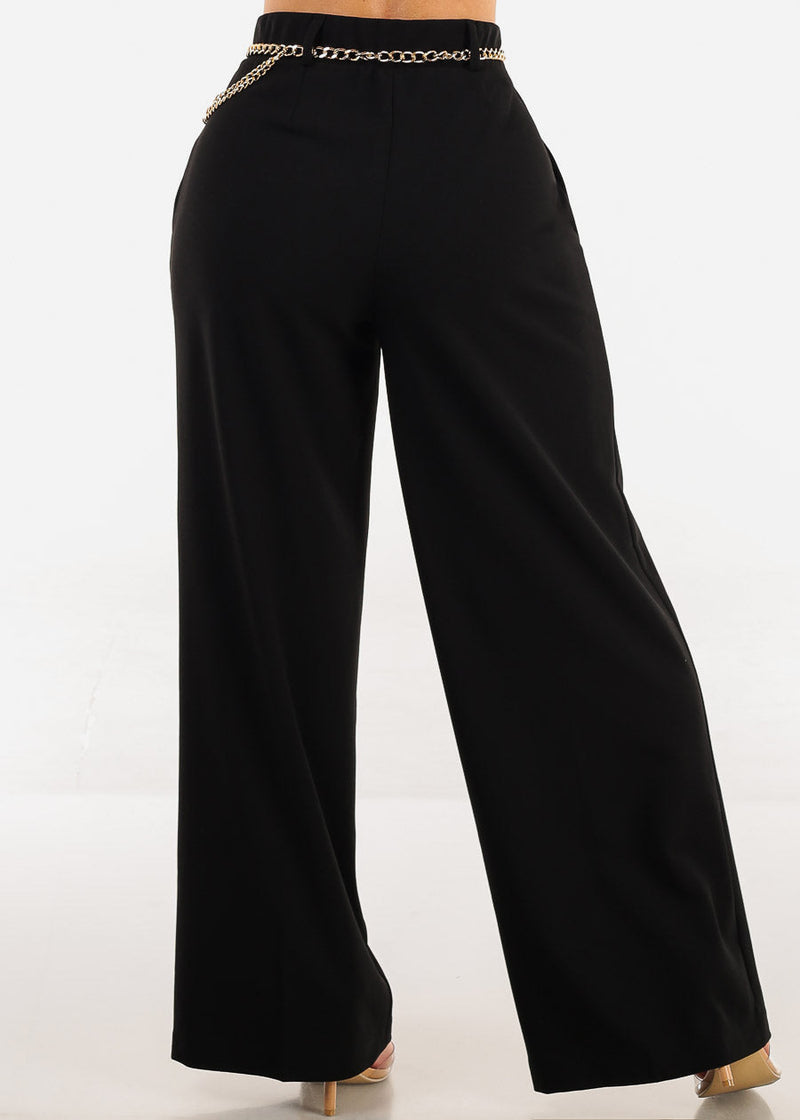 Super High Waist Wide Leg Stretch Dress Black Pants w Belt