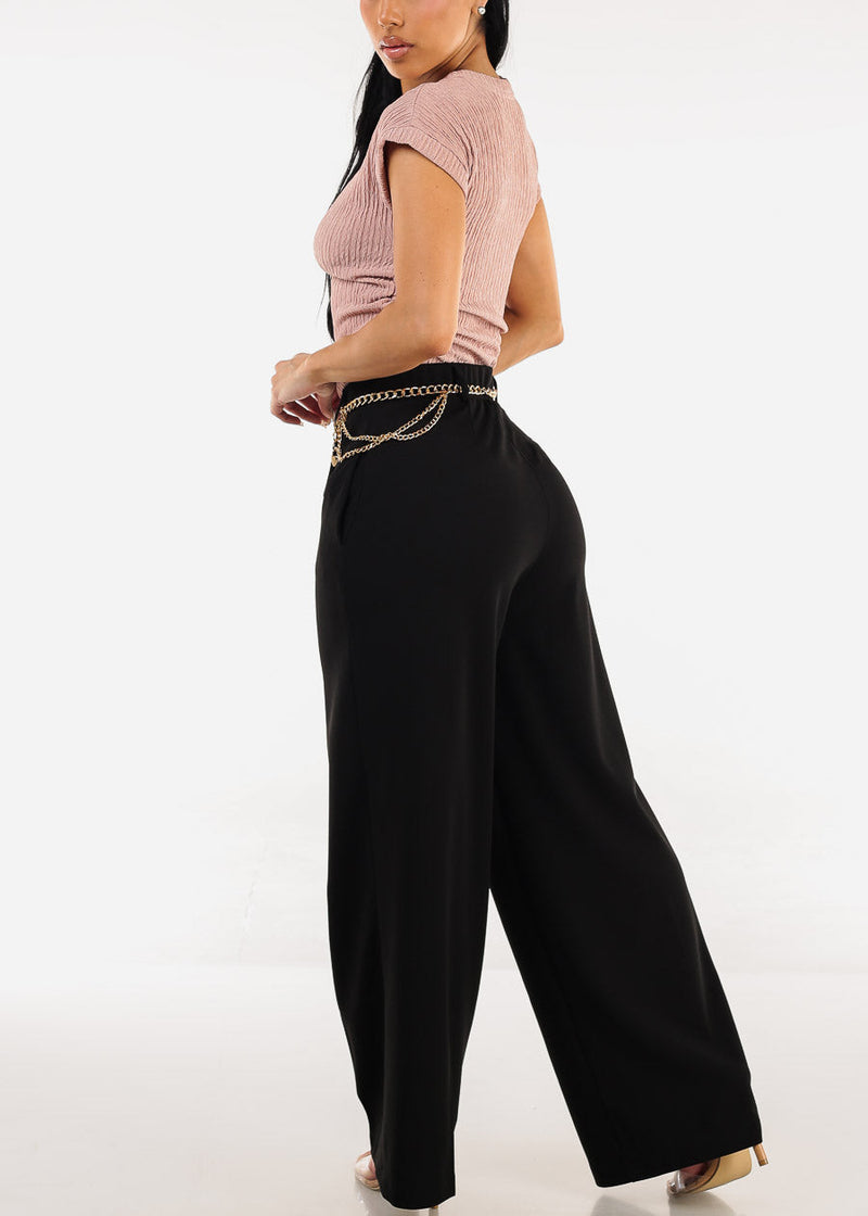 Super High Waist Wide Leg Stretch Dress Black Pants w Belt
