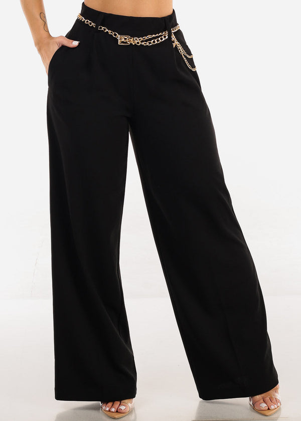 Super High Waist Wide Leg Stretch Dress Black Pants w Belt