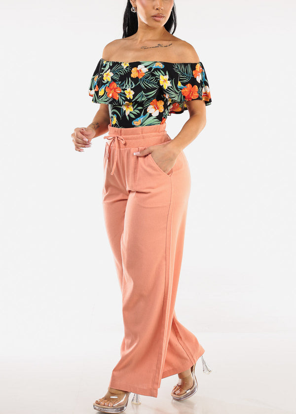 High Elastic Waist Wide Leg Linen Pants Rose