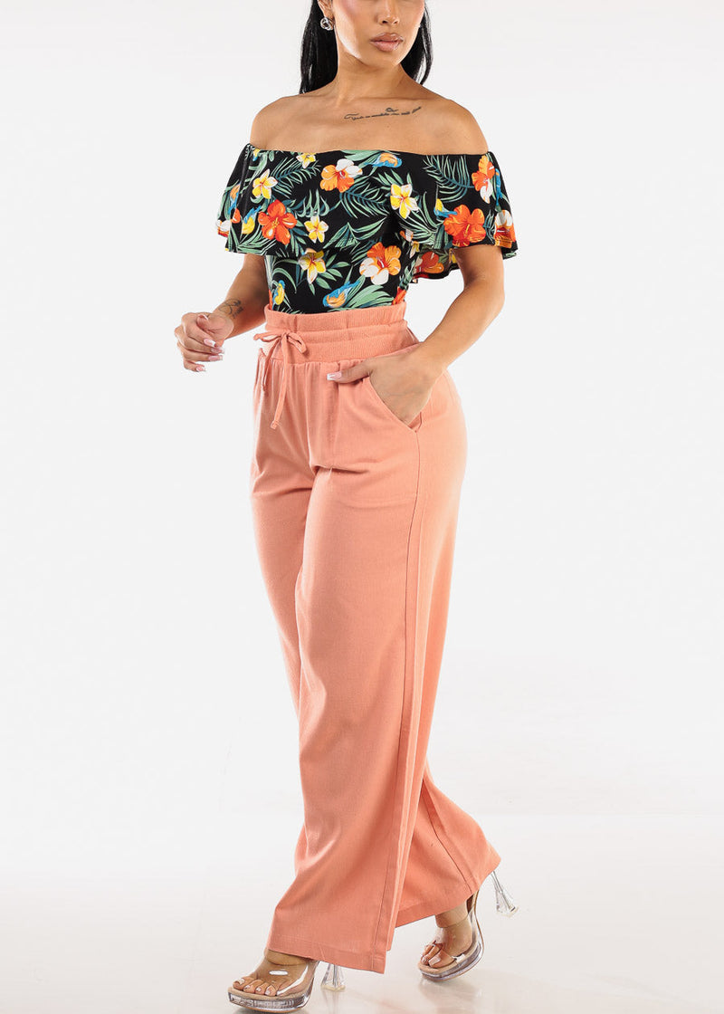 High Elastic Waist Wide Leg Linen Pants Rose