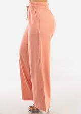 High Elastic Waist Wide Leg Linen Pants Rose