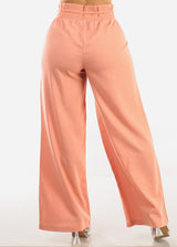 High Elastic Waist Wide Leg Linen Pants Rose