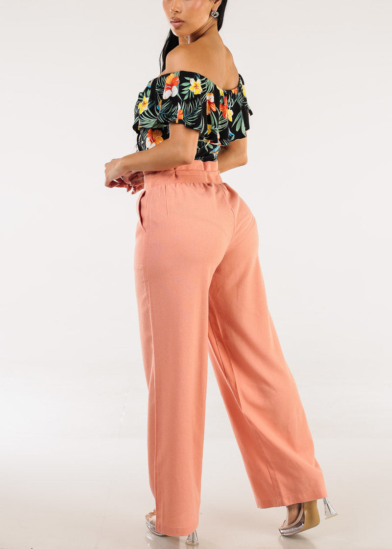 High Elastic Waist Wide Leg Linen Pants Rose