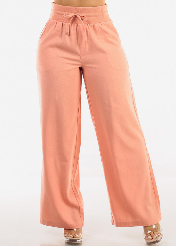 High Elastic Waist Wide Leg Linen Pants Rose