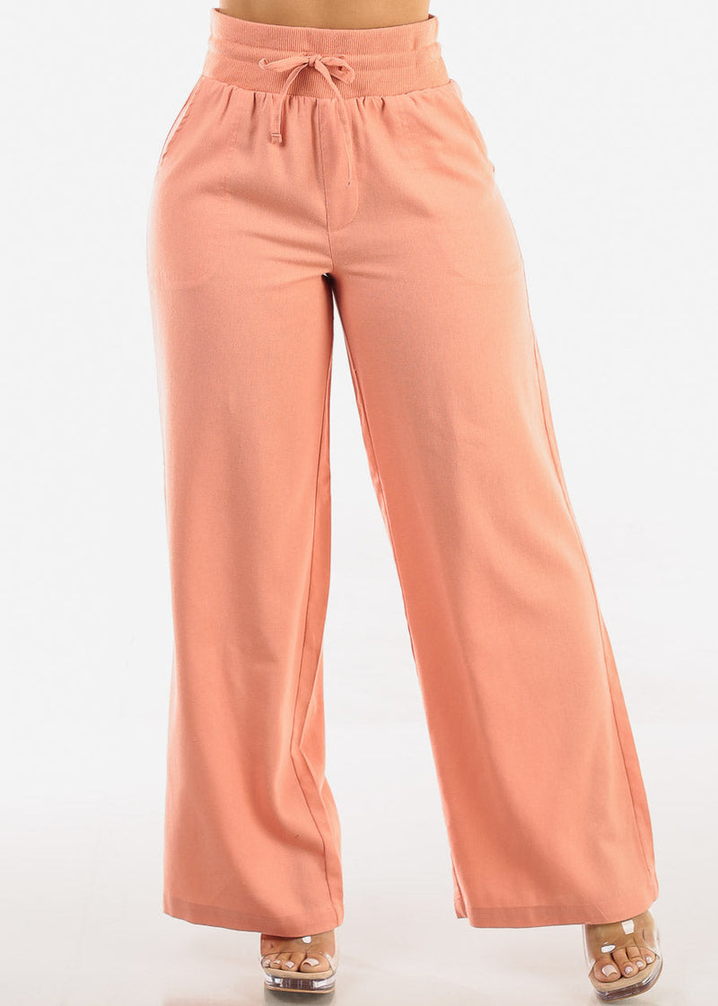 High Elastic Waist Wide Leg Linen Pants Rose