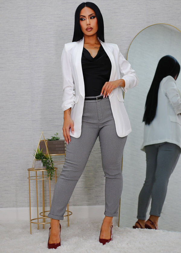 Belted High Waist Printed Skinny Ankle Pants Black