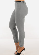 Belted High Waist Printed Skinny Ankle Pants Black