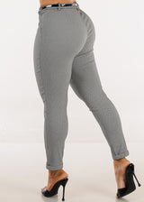 Belted High Waist Printed Skinny Ankle Pants Black