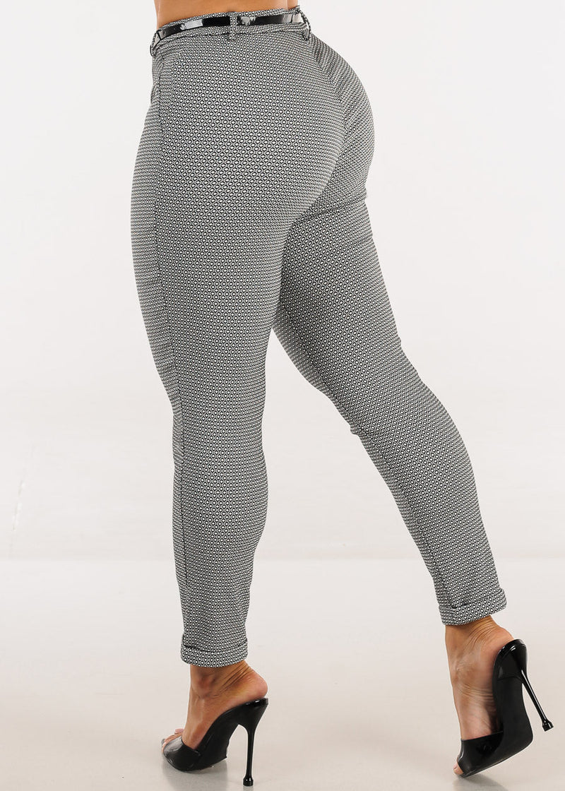 Belted High Waist Printed Skinny Ankle Pants Black