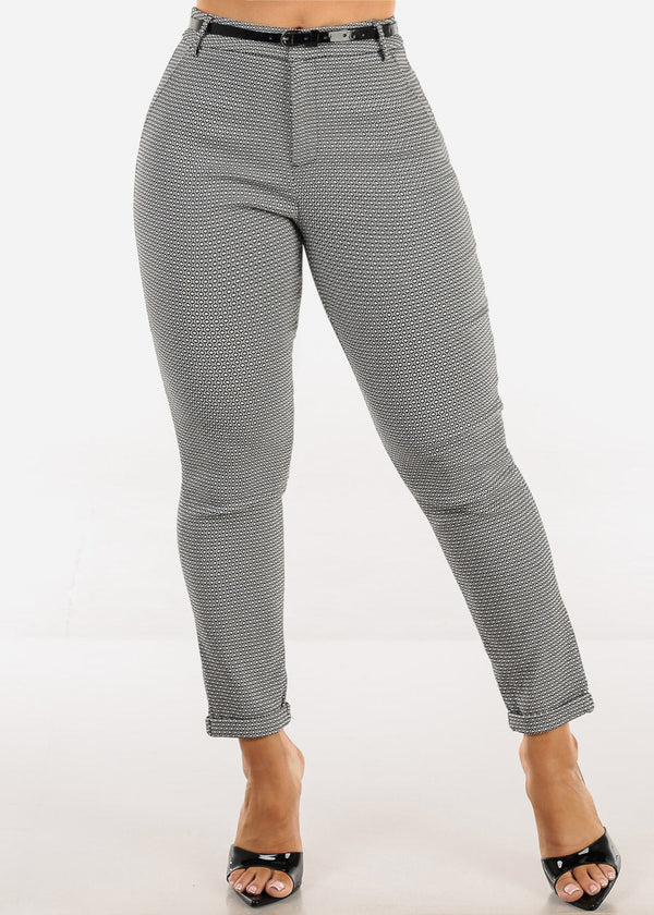 Belted High Waist Printed Skinny Ankle Pants Black