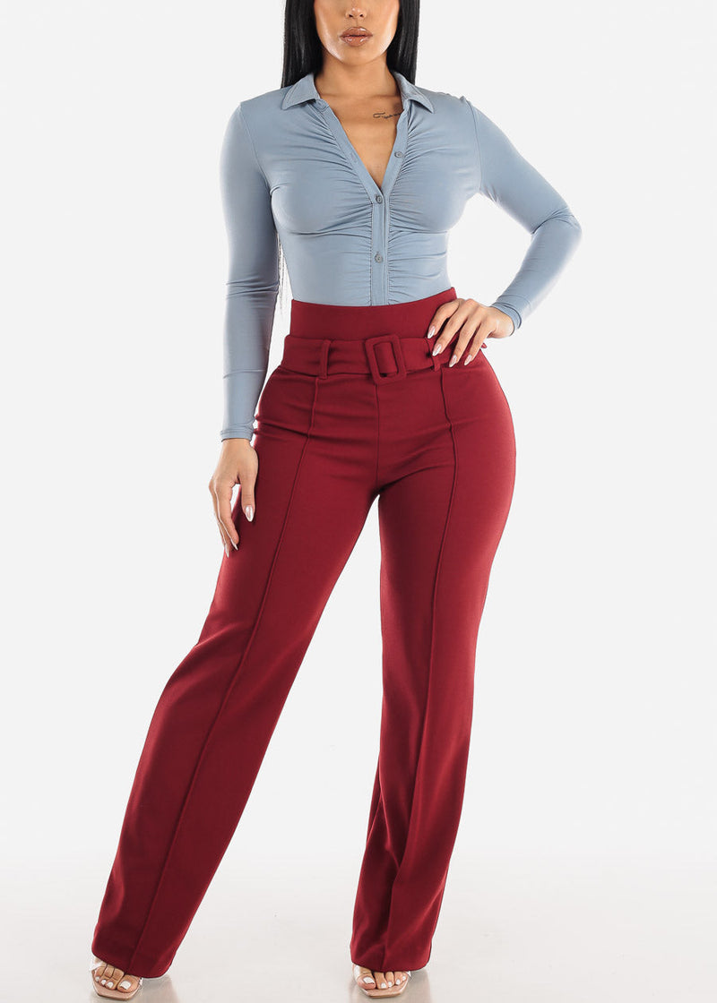 High Waist Straight Leg Stretch Dress Pants w Belt Burgundy