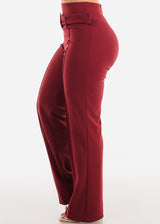 High Waist Straight Leg Stretch Dress Pants w Belt Burgundy