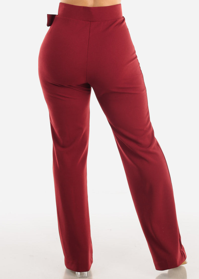 High Waist Straight Leg Stretch Dress Pants w Belt Burgundy