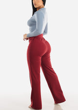 High Waist Straight Leg Stretch Dress Pants w Belt Burgundy