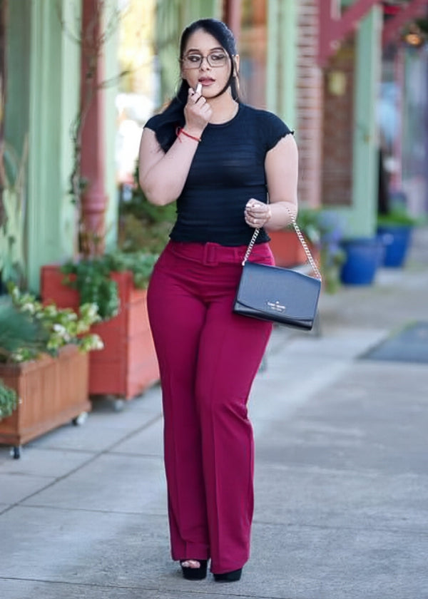 High Waist Straight Leg Stretch Dress Pants w Belt Burgundy