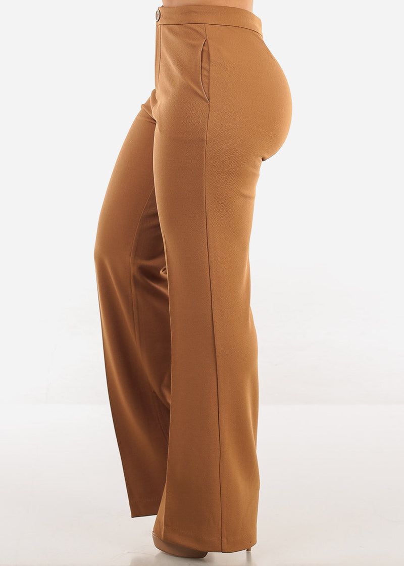 Khaki High Waist Wide Leg Stretch Dress Pants
