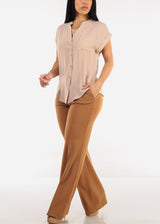 Khaki High Waist Wide Leg Stretch Dress Pants