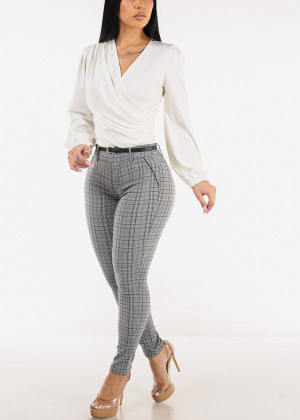 High Waist Plaid Skinny Pants w Belt