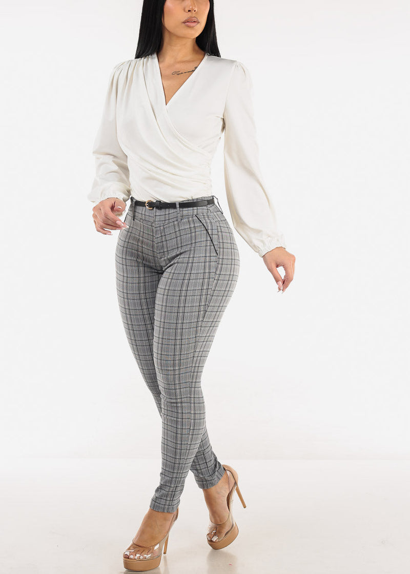 High Waist Plaid Skinny Pants w Belt