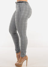 High Waist Plaid Skinny Pants w Belt
