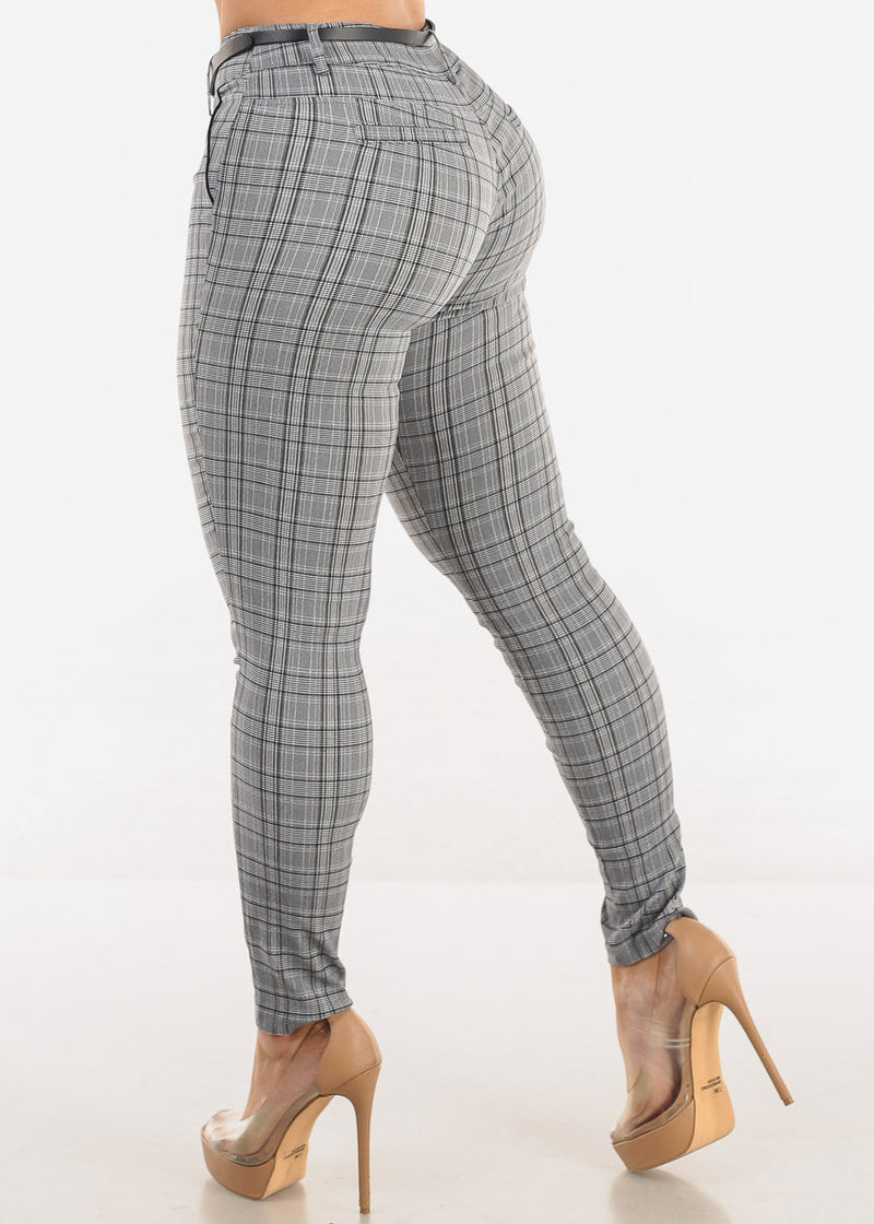 High Waist Plaid Skinny Pants w Belt