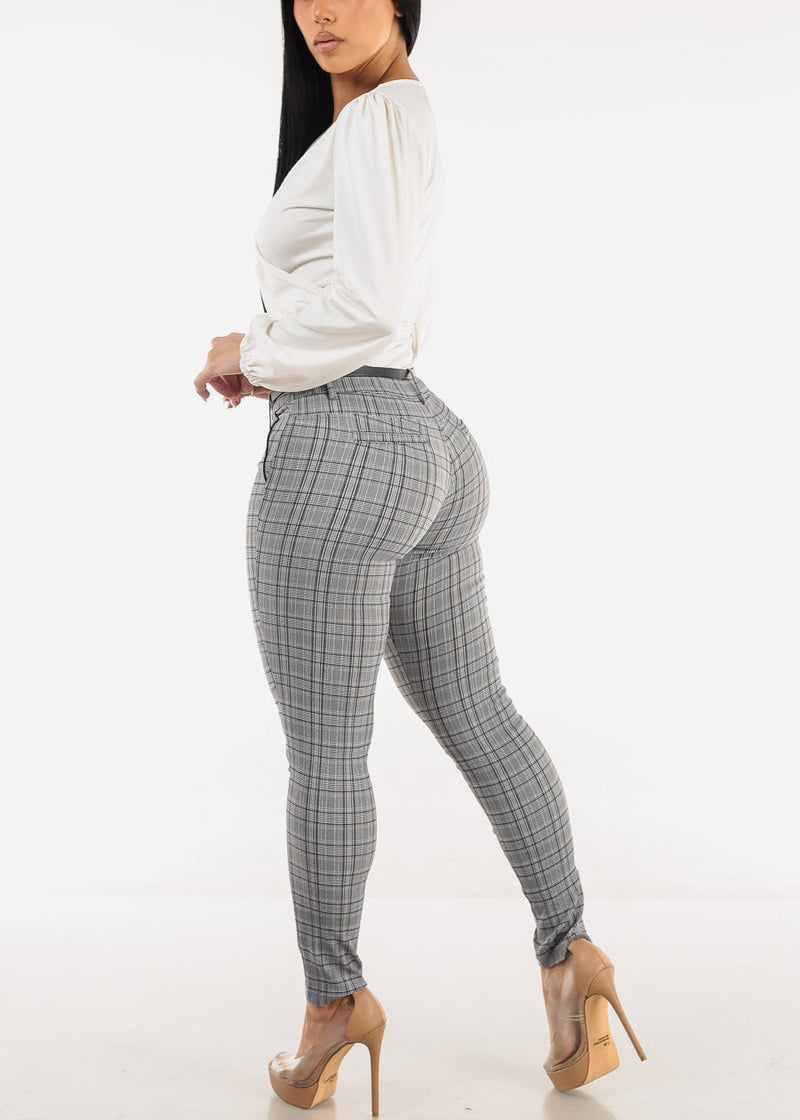 High Waist Plaid Skinny Pants w Belt