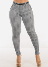 High Waist Plaid Skinny Pants w Belt
