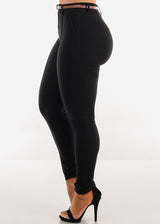 High Waisted Black Twill Skinny Pants w Belt
