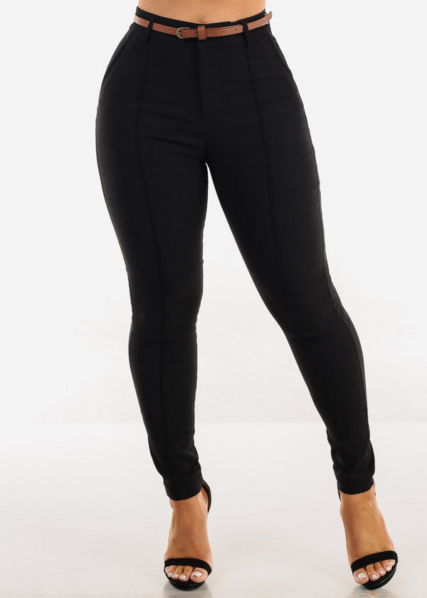 High Waisted Black Twill Skinny Pants w Belt