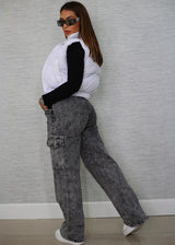 High Waist Straight Wide Legged Cargo Jeans Black Acid Wash