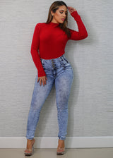 Long Sleeve Knitted Sweater Red w Button Detail