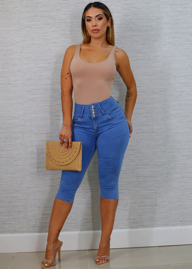 Butt Lift High Waist Blue Denim Capris