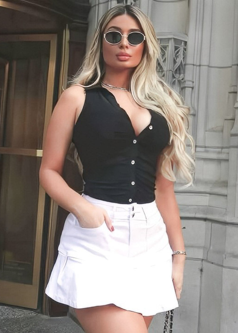 Stretchy Ruched Sleeveless Collared Blouse Black