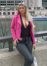 Long Sleeve Zip Up Suede Moto Jacket Hot Pink